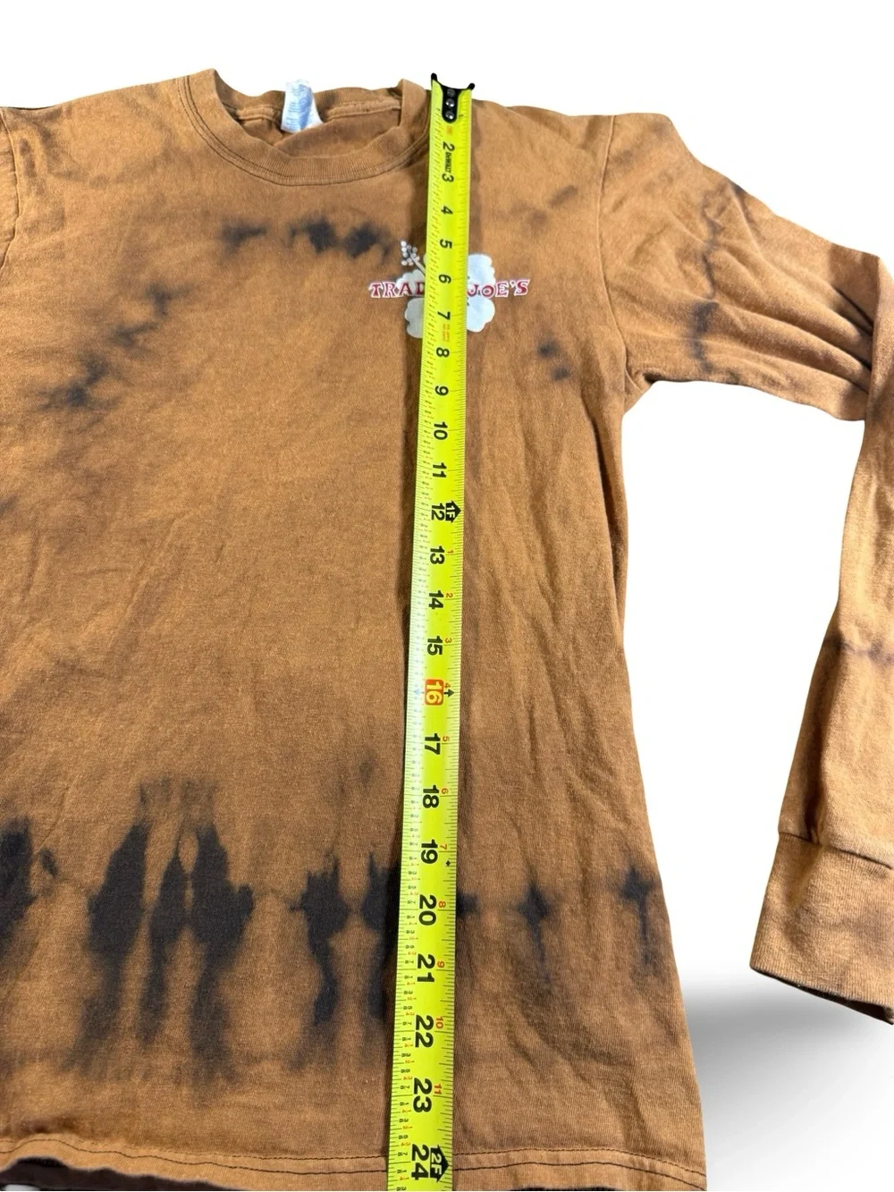 Trader Joe's Long Sleeve Shirt Brown Tie Dye Hibiscus Logo Port & Company Small - Picture 12 of 13